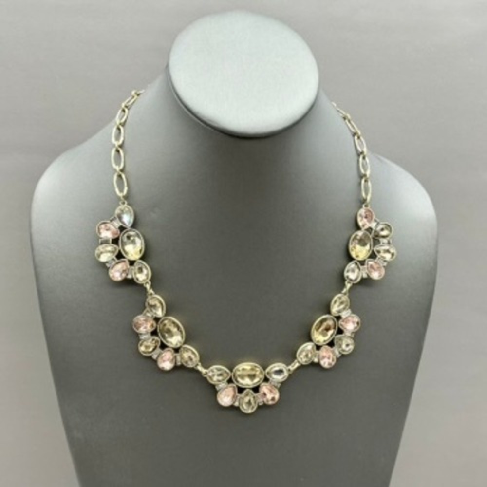 J.Crew Necklace Crystal Statement Bib Champagne Pink Gold Tone Rhinestone 18"